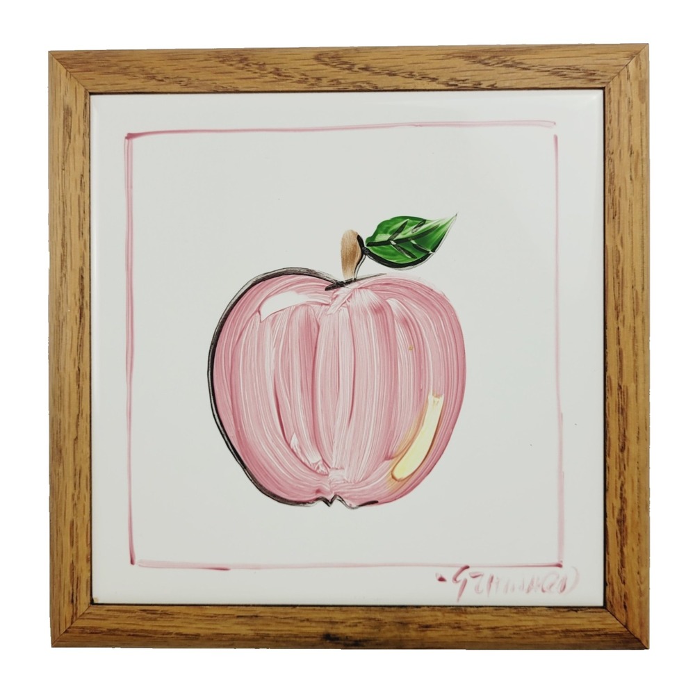 Vintage 90s Apple Tile Howard Originals 1992 Hand Painted wooden Framed wall Art